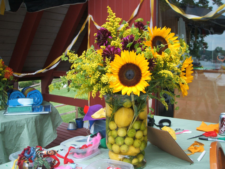 Bridal Shower Centerpiece sunflowers dahlias solidago lemons and limes